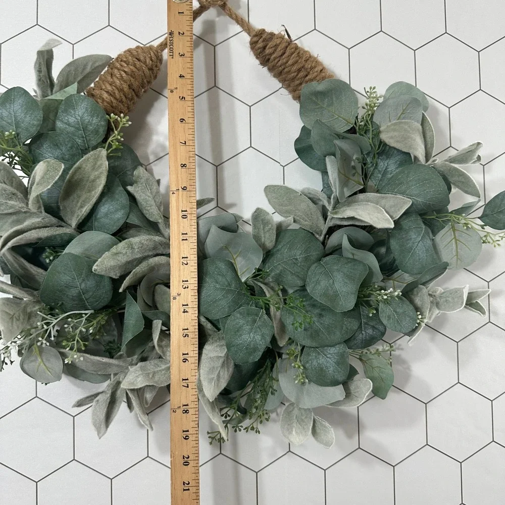 Faux Eucalyptus Lambs Ear Wreath Rustic Jute Rope Hanger‎ Mixed Greenery 22in